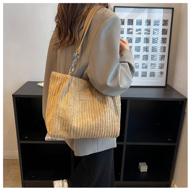 Retro Large Capacity Shoulder Bag Casual Simple Portable Shopper Tote Bag Corduroy Solid Commuter Zipper Women'S Handbag