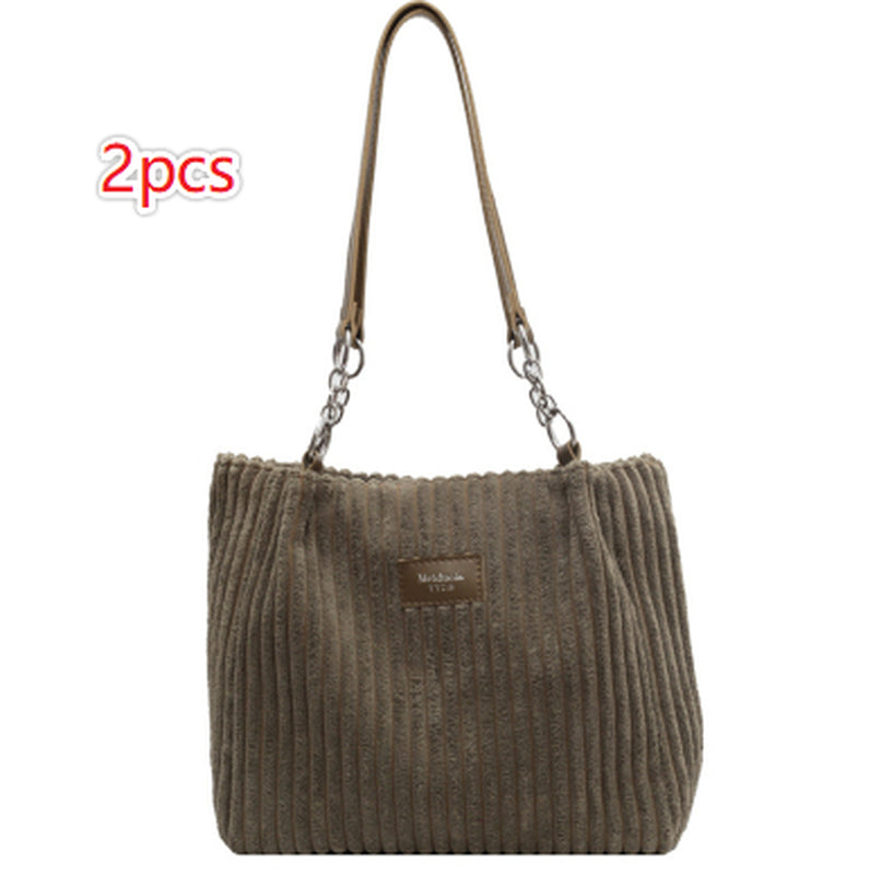 Retro Large Capacity Shoulder Bag Casual Simple Portable Shopper Tote Bag Corduroy Solid Commuter Zipper Women'S Handbag