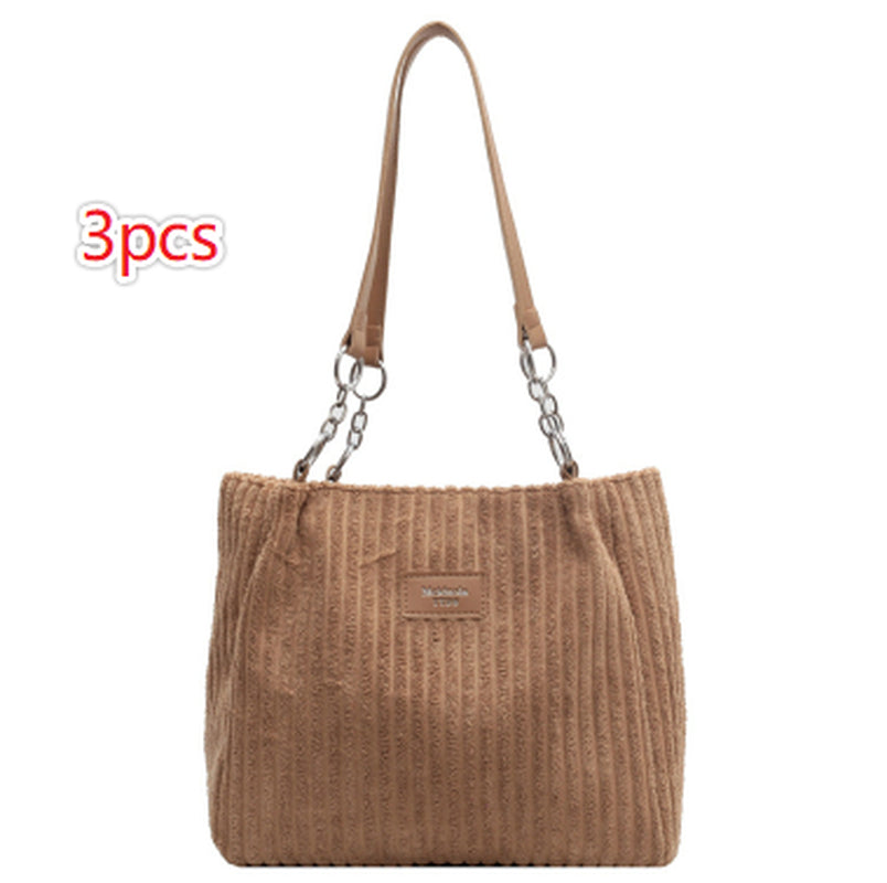 Retro Large Capacity Shoulder Bag Casual Simple Portable Shopper Tote Bag Corduroy Solid Commuter Zipper Women'S Handbag