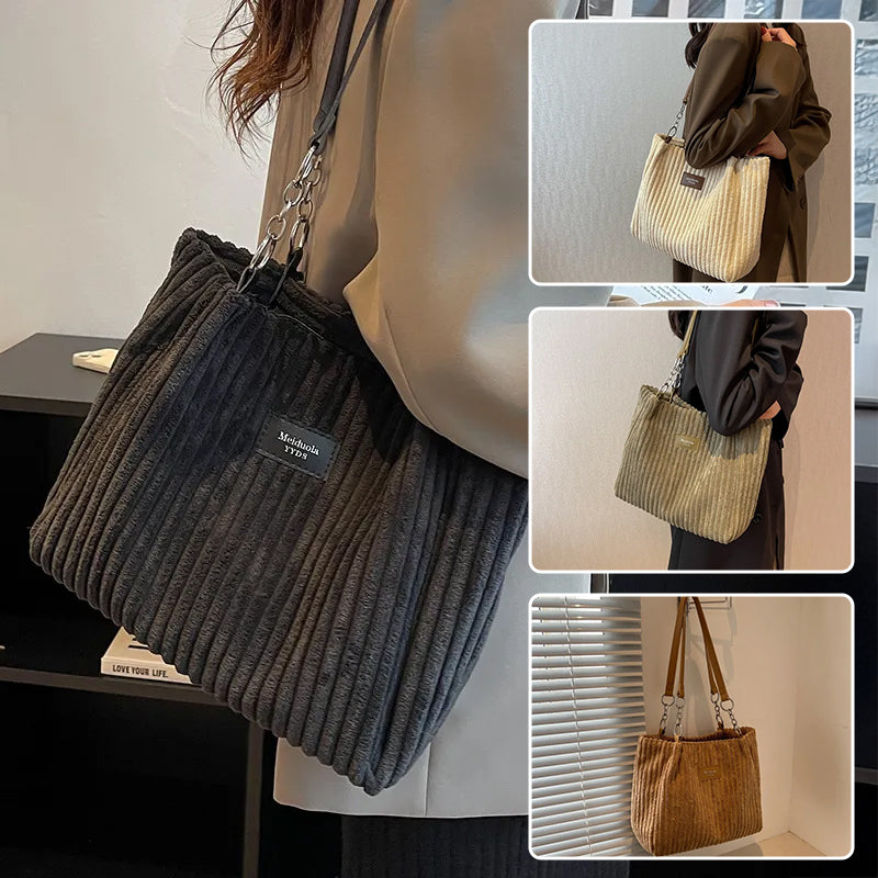 Retro Large Capacity Shoulder Bag Casual Simple Portable Shopper Tote Bag Corduroy Solid Commuter Zipper Women'S Handbag