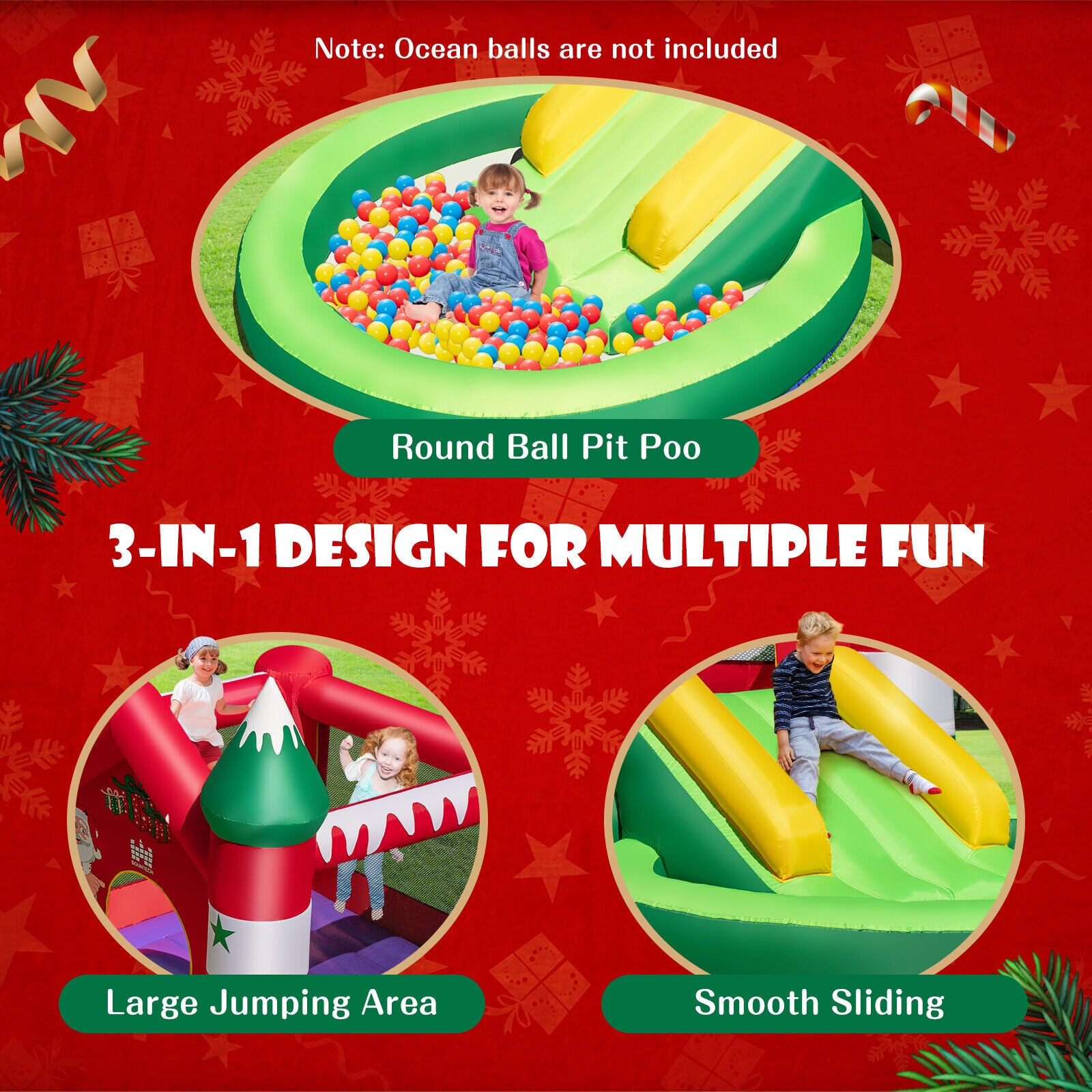 Kids Inflatable Bounce House Christmas Theme Jumping Castle W/Ball Pit & Blower