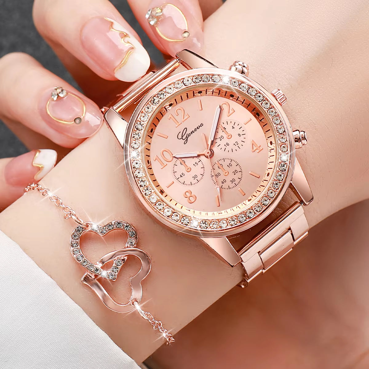 6Pcs/Set Women'S Watch Fashion Rhinestone Stainless Steel Band Quartz Watch Double Heart Jewelry Set(Without Box)