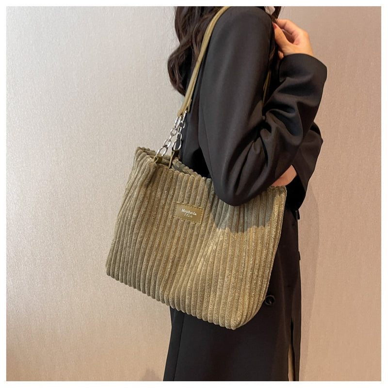 Retro Large Capacity Shoulder Bag Casual Simple Portable Shopper Tote Bag Corduroy Solid Commuter Zipper Women'S Handbag