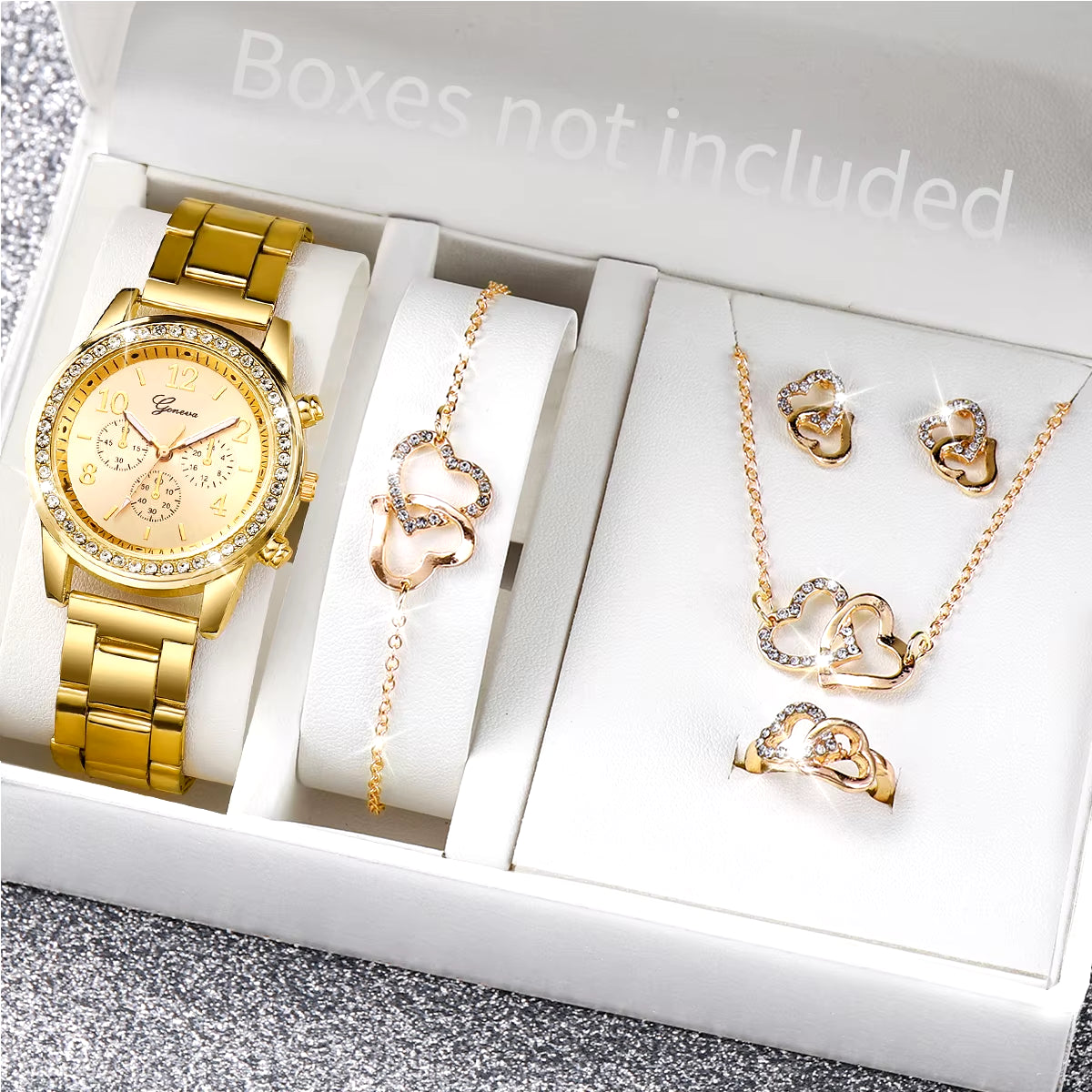 6Pcs/Set Women'S Watch Fashion Rhinestone Stainless Steel Band Quartz Watch Double Heart Jewelry Set(Without Box)