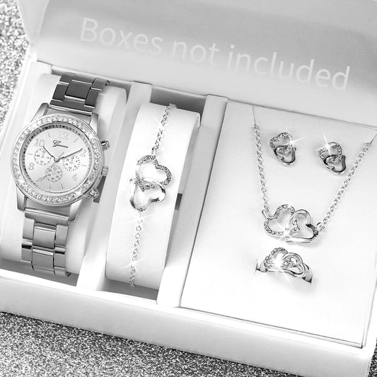 6Pcs/Set Women'S Watch Fashion Rhinestone Stainless Steel Band Quartz Watch Double Heart Jewelry Set(Without Box)