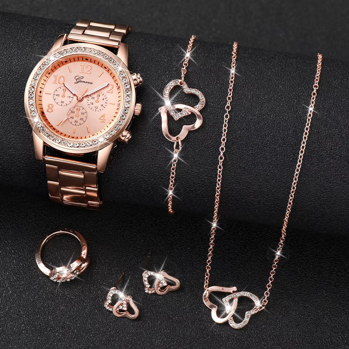 6Pcs/Set Women'S Watch Fashion Rhinestone Stainless Steel Band Quartz Watch Double Heart Jewelry Set(Without Box)