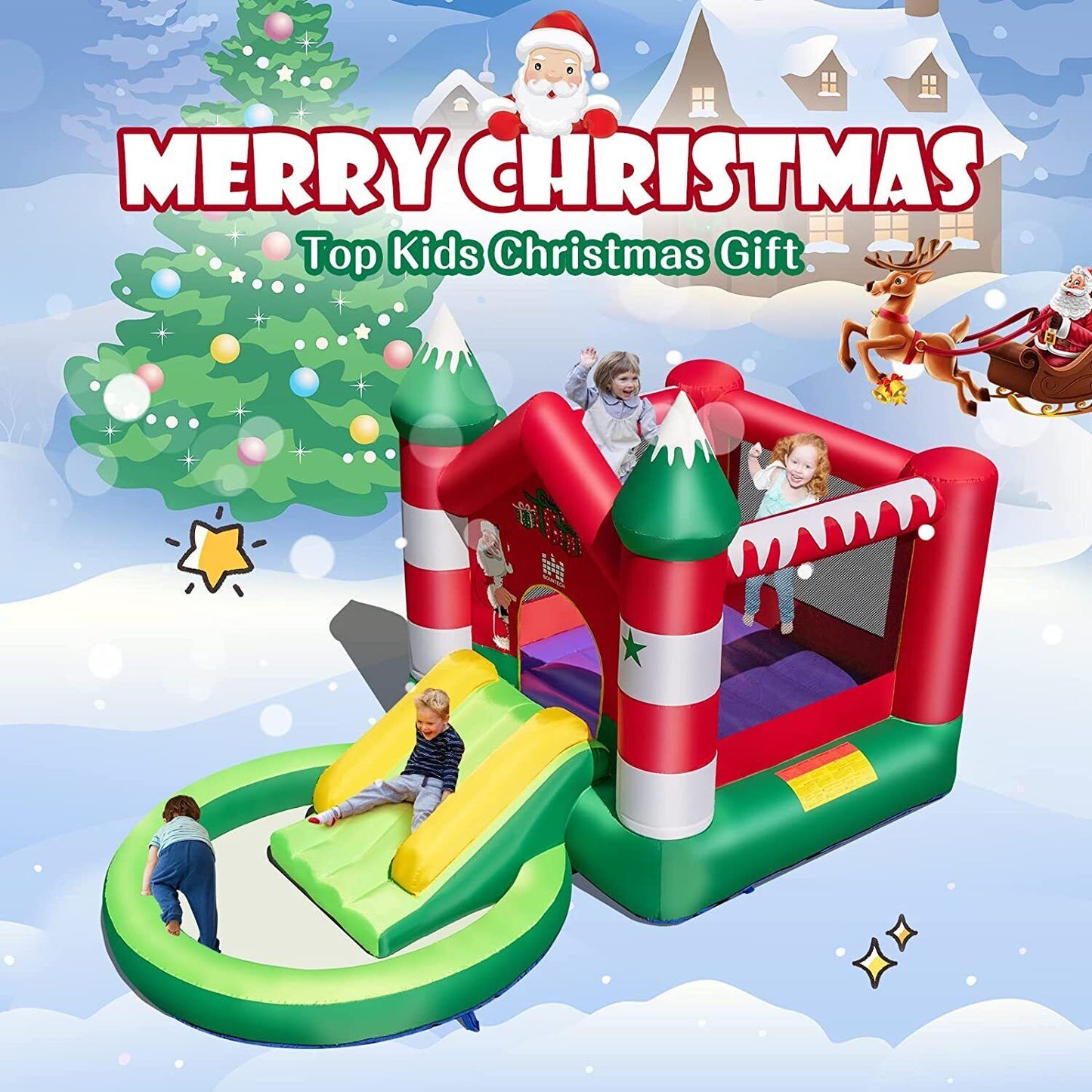 Kids Inflatable Bounce House Christmas Theme Jumping Castle W/Ball Pit & Blower