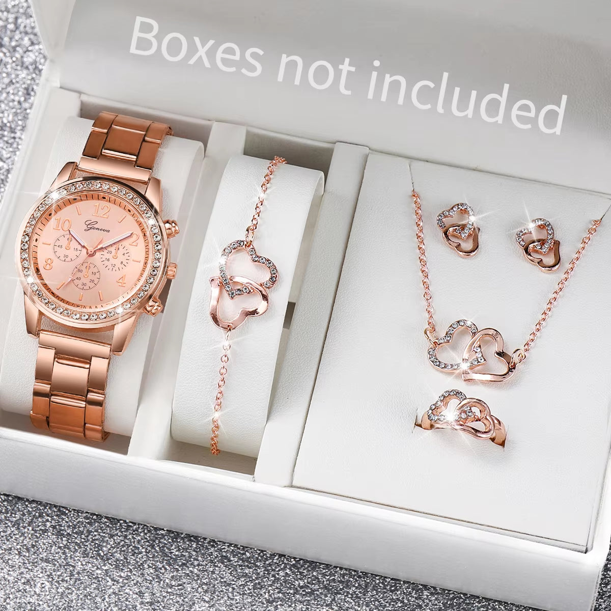 6Pcs/Set Women'S Watch Fashion Rhinestone Stainless Steel Band Quartz Watch Double Heart Jewelry Set(Without Box)