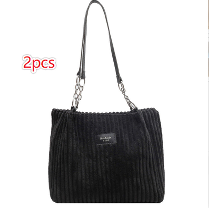 Retro Large Capacity Shoulder Bag Casual Simple Portable Shopper Tote Bag Corduroy Solid Commuter Zipper Women'S Handbag