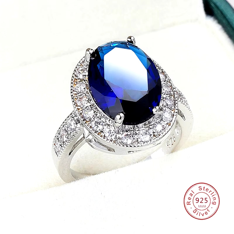 Romantic Female 1 Carat Zircon Stone Ring 925 Sterling Silver Blue AAA Mosaic Zircon Solitaire Promise Love Wedding Band Rings