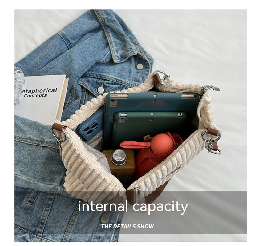 Retro Large Capacity Shoulder Bag Casual Simple Portable Shopper Tote Bag Corduroy Solid Commuter Zipper Women'S Handbag