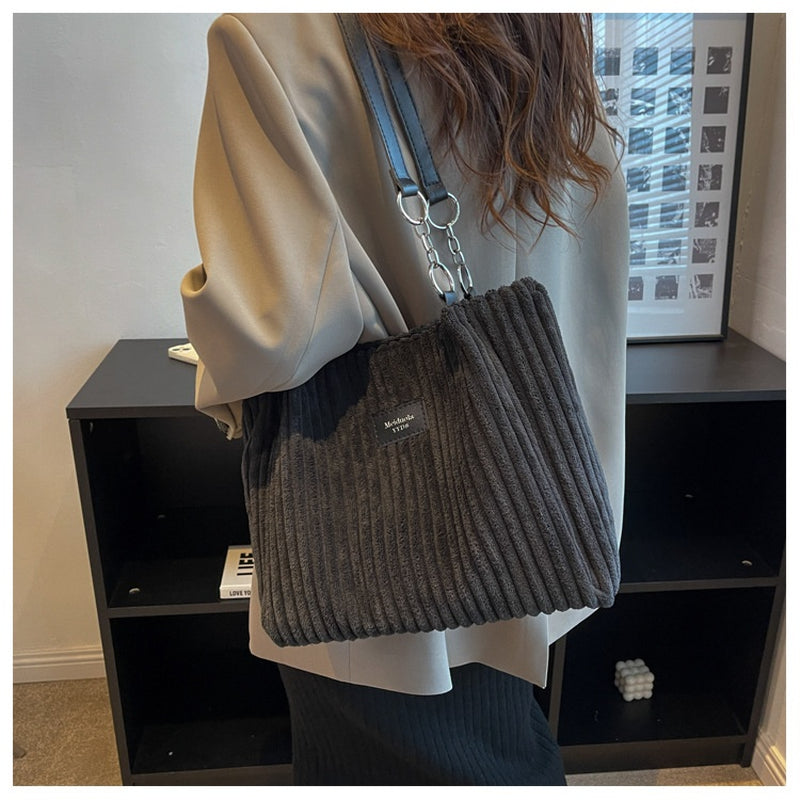 Retro Large Capacity Shoulder Bag Casual Simple Portable Shopper Tote Bag Corduroy Solid Commuter Zipper Women'S Handbag