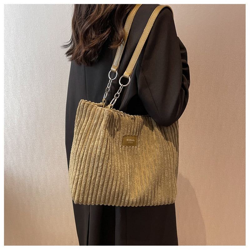 Retro Large Capacity Shoulder Bag Casual Simple Portable Shopper Tote Bag Corduroy Solid Commuter Zipper Women'S Handbag